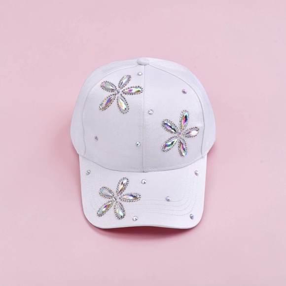 White Cap with Rhinestone Floral Design - Picture 2 of 3